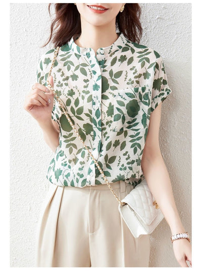 Chiffon Shirt Women's Short-sleeved Floral Top Fashionable Stylish French Printed Shirt Thin