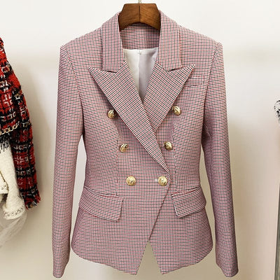 Houndstooth Small Jacket Women Long-Sleeved Double-Breasted Plaid Blazer