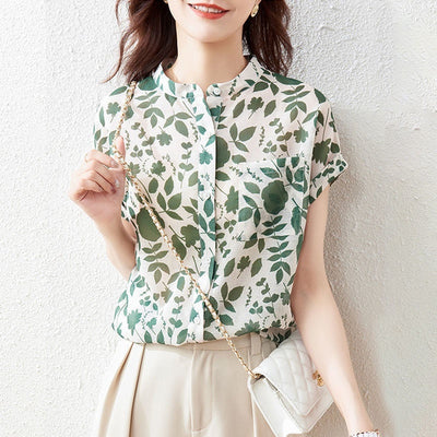 Chiffon Shirt Women's Short-sleeved Floral Top Fashionable Stylish French Printed Shirt Thin