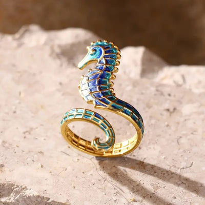 Elegant Gold Plated Stainless Steel Seahorse Ring Blue